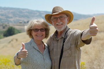 Photo of a happy senior couple giving a thumbs-up, sunny day, meadow