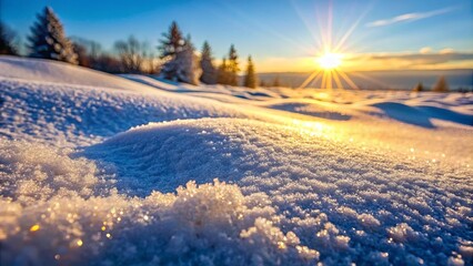 Sticker - A close-up view of freshly fallen snow glistening under the golden rays of the setting sun, revealing a delicate, crystalline texture with a soft, dreamy quality.