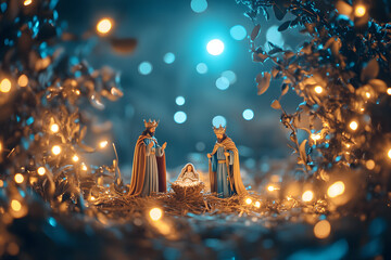 Three Kings figurines stand in a traditional nativity scene with festive lights and decorations. The display captures the warmth and spirit of Christmas.