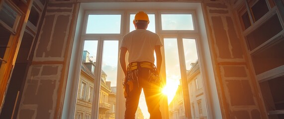Poster - A construction worker stands in a partially renovated space, gazing out at a city skyline as the sun sets, casting warm light through the windows.