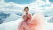© Anastasiia K. - beautiful woman in a magnificent fluffy dress made of pink feathers. woman portrait in pink dress on the minimalist snowy landscape background. copy space