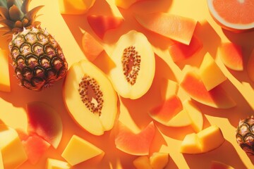 Aufkleber - Brightly colored tropical fruits like pineapple, mango, and papaya are sliced and artistically arranged on a vibrant yellow background. Generative AI
