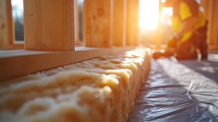 Poster - In the warm light of the afternoon, a construction worker carefully installs insulation in a wooden framework, focusing diligently on the task at hand in a building site.