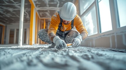 Poster - A construction worker in a helmet and gloves kneels on the ground, meticulously leveling concrete in a newly built structure. Natural light streams in, illuminating the workspace.