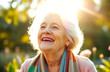 © Stock Planet - soft color, a beautiful cheerful  old woman looking at the sun illuminating its face, summer background