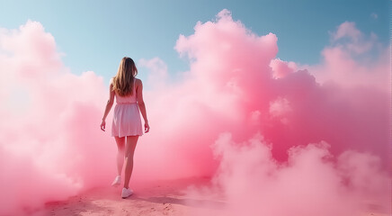 a woman is walking through a pink cloud of smoke