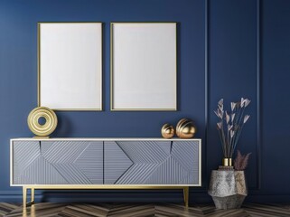 A stylish blue cabinet with gold accents and two framed pictures on a dark blue wall with a vase of dried flowers