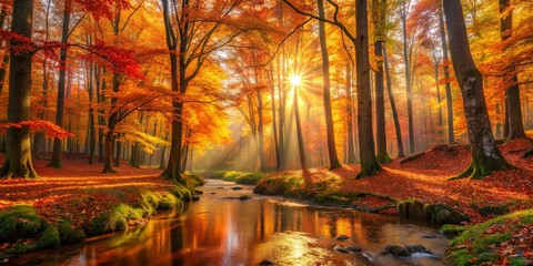 Sticker - Golden Light Bathes the Forest Floor, Reflecting on a Winding Creek, Autumn's Colors Paint the Landscape