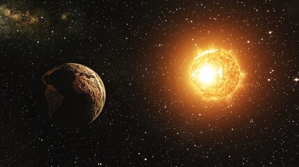 Wall Mural - digital illustration of earths atmosphere visible from space, highlighting the stars and the sun. th