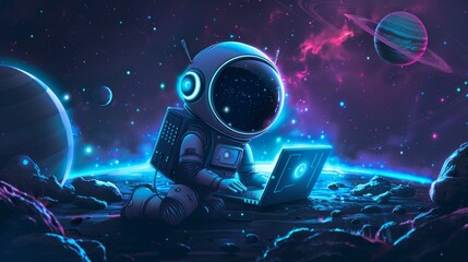 A robot types on a glowing blue laptop surrounded by colorful planets in a vibrant outer space environment filled with stars. Generative AI