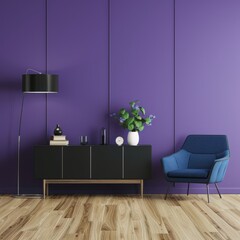 A modern living room interior with a purple wall. a black cabinet. a blue armchair. a green plant. and two black pendant lights