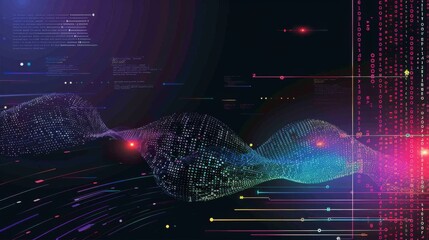 A programmer is focused on writing code for simulating space planets on a computer in a sleek workspace illuminated by night. Generative AI