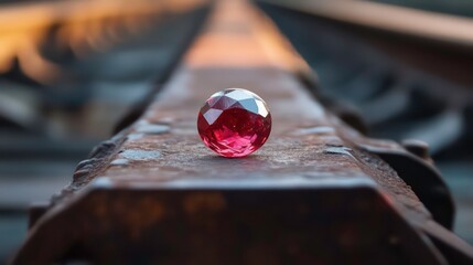 Leinwandbilder - A faceted pink gem resting on a rusty railway track, highlighting contrast between nature and industry.