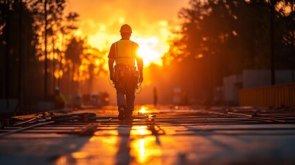 Poster - A construction worker, clad in safety gear, strides along a pathway illuminated by the vibrant colors of sunset, with trees and construction tools in view.