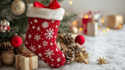 Wall Mural - A festive red Christmas stocking decorated with white snowflakes, hanging near a decorated tree with ornaments and gifts on a snowy surface