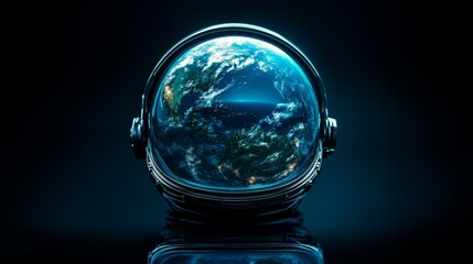Wall Mural - A minimalistic view of Earth reflected in a futuristic astronaut helmet against a dark background
