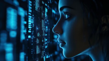 Aufkleber - A profile of a person gazing at a digital interface, suggesting technology and contemplation.