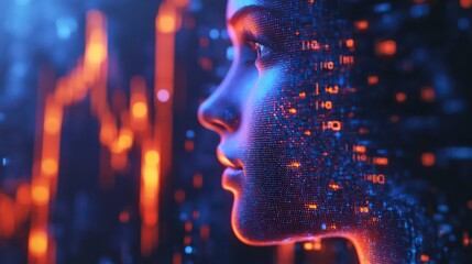 Aufkleber - A digital representation of a human face with data patterns, symbolizing technology and AI.