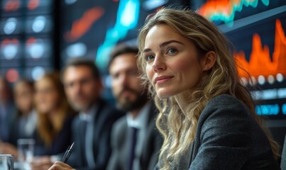 Aufkleber - A woman with wavy hair listens attentively during a business meeting focused on analyzing market data and strategies. Colleagues are engaged in discussion, showcasing a collaborative environment.