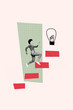 © deagreez - Vertical photo collage of happy american girl run career ladder light bulb idea finding business progress isolated on painted background