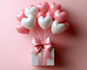 Pastel Present gift box with heart balloons for Birthday or romantically special events.