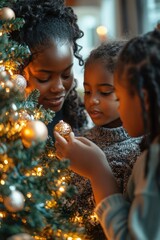 A woman and her two children decorating a Christmas tree at home