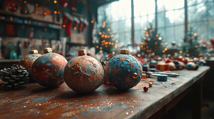 Crafting handmade Christmas ornaments using clay, paint, and glitter, with all supplies spread out on a festive workbench. 4K hyperrealistic photo.