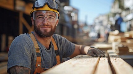 Poster - A construction worker, wearing safety gear, smiles confidently while leaning on a stack of wooden beams at a busy construction site. The urban environment is alive with activity.