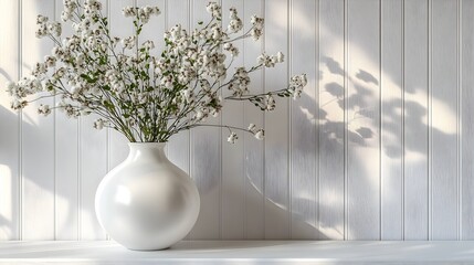Aufkleber - Delicate white flowers arrangement in a simple white vase placed on a rustic wooden background. The natural,peaceful and tranquil scene creates a serene and elegant ambiance.