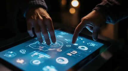 Poster - Two hands interacting with a futuristic touchscreen interface displaying data and controls.