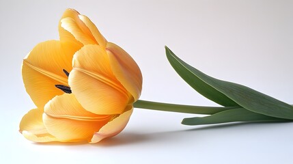 Poster - Elegant and delicate yellow tulip flower in closeup view with lush green leaves on a simple,minimalist white background. This vibrant floral composition exudes a sense of tranquility,freshness.
