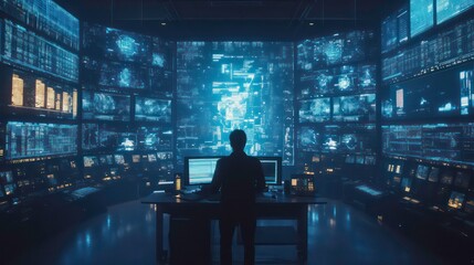 Poster - A silhouetted figure stands before multiple screens displaying data and visuals in a control room.