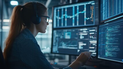 Poster - The IT Technical Support Specialist makes an intercom announcement and works on a desktop computer in the monitoring control room with huge digital screens that show data from the server.