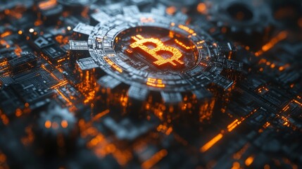Aufkleber - A close-up view highlights the intricate design of a Bitcoin symbol set against a dark, high-tech circuit background illuminated with orange lighting, emphasizing the world of cryptocurrency.