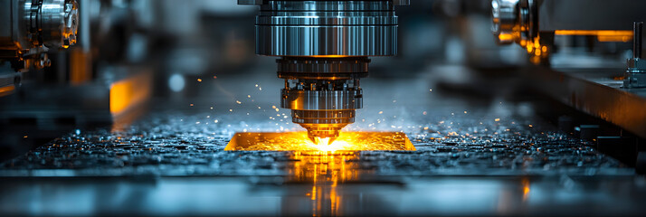 Poster - Futuristic metalworking machine precisely cutting and shaping shiny steel components in a high-tech industrial factory setting.