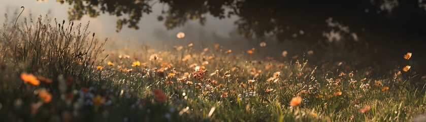 Wall Mural - Sunlit Meadow with Delicate Yellow Flowers and a Haze of Sunlight