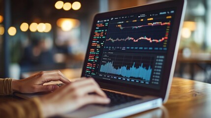Aufkleber - A person focused on stock market data displayed on their laptop screen while seated at a warm, inviting cafe. The lively atmosphere enhances the work experience.