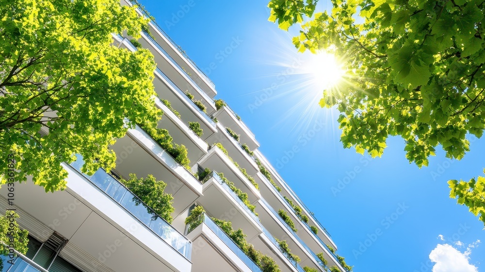 Modern apartment building with lush green balconies and trees ...
