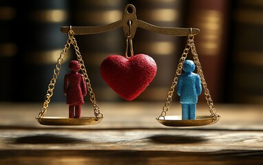 Thoughtprovoking image of a married couple standing near judicial scales, a heart on one side, conveying the intricate relationship between love and divorce law, vivid colors