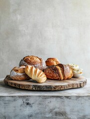 Poster - An assortment of freshly baked bread and pastries is arranged on a rustic wooden board, inviting with their golden crusts and soft interiors. Generative AI
