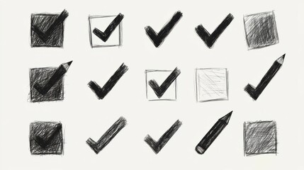 Doodle chalk check mark set. Black charcoal pencil check boxes, sketch checklist icons, tick cross signs. Crayon grunge checkmark elements. Hand drawn checkbox vote marks, correct or incorrect symbols