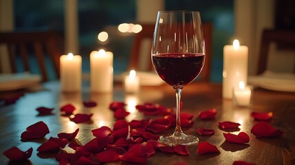 romantic dinner setting with candles wine and rose petals on table