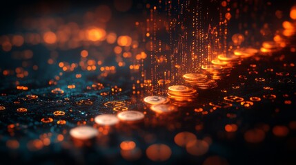 Aufkleber - Coins illuminate as they fall through a dark space, creating a mesmerizing effect with glowing particles surrounding them in an artistic display.