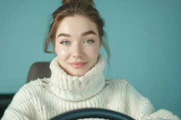 Wall Mural - a woman is sitting behind the steering wheel of her car, wearing a turtle neck sweater