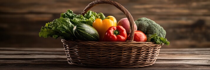 Poster - Fresh vegetables and fruits fill a wicker basket, beautifully arranged on a rustic wooden table in a warm and inviting environment. Generative AI