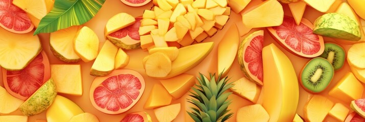 Aufkleber - Tropical fruits like pineapple, mango, papaya, and kiwi are artistically arranged against a bright, colorful backdrop for a refreshing display. Generative AI