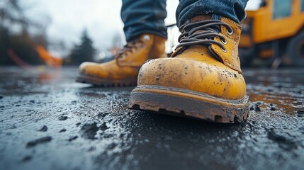 Poster - Boots covered in mud are positioned prominently on a construction site, with machinery in the background. The overcast sky adds an industrial feel to the scene.