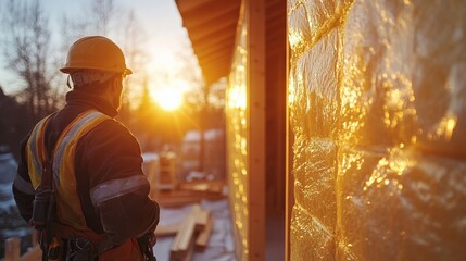 Poster - A construction worker, wearing a hard hat and reflective safety gear, stands beside insulation boards, admiring a vibrant sunset. The soft light enhances his surroundings.