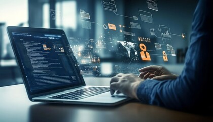 Tech Professional Analyzes Data in Innovative Workplace, Driven by Information Technology.