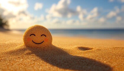 Charming image of a smiling sun etched in sand, nestled on a sunny beach, conveying a sense of happiness and summer fun, bright and colorful scene